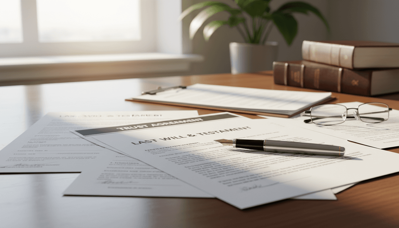 Estate planning documents and legal papers on attorney desk