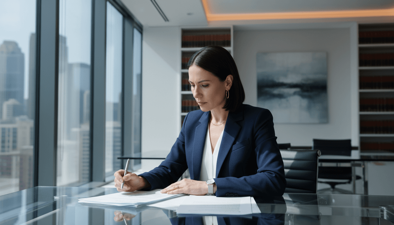 Estate planning attorney reviewing documents with client in professional office setting