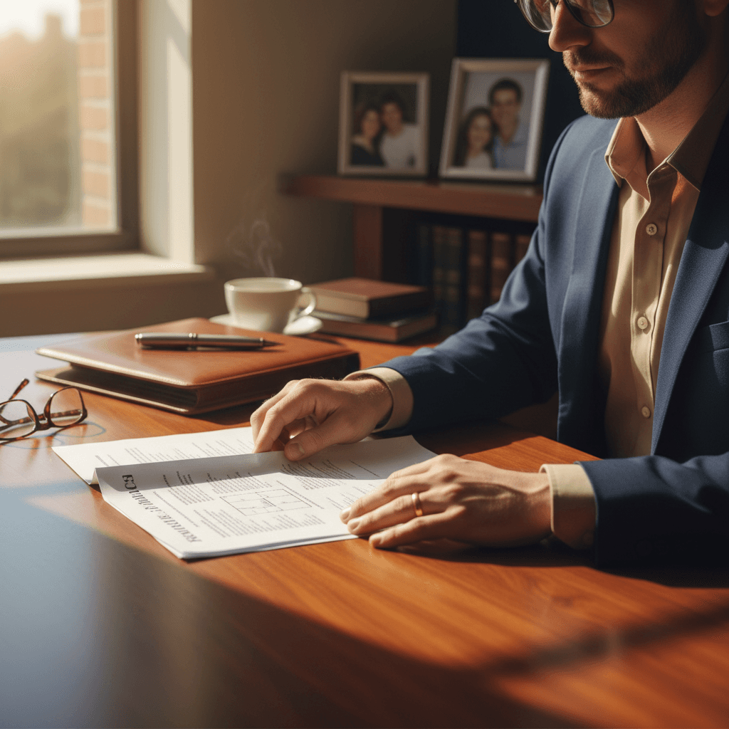 Attorney reviewing legal documents in a professional office setting